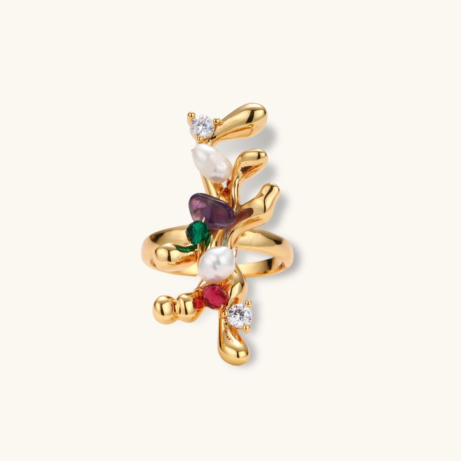 Gold-plated adjustable ring with organic floral design featuring multicolored natural stones and freshwater pearls.